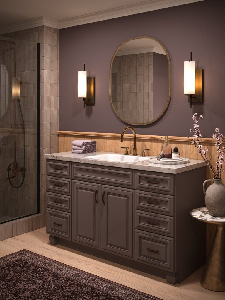 KraftMaid Chanlott vanity with an oval mirror