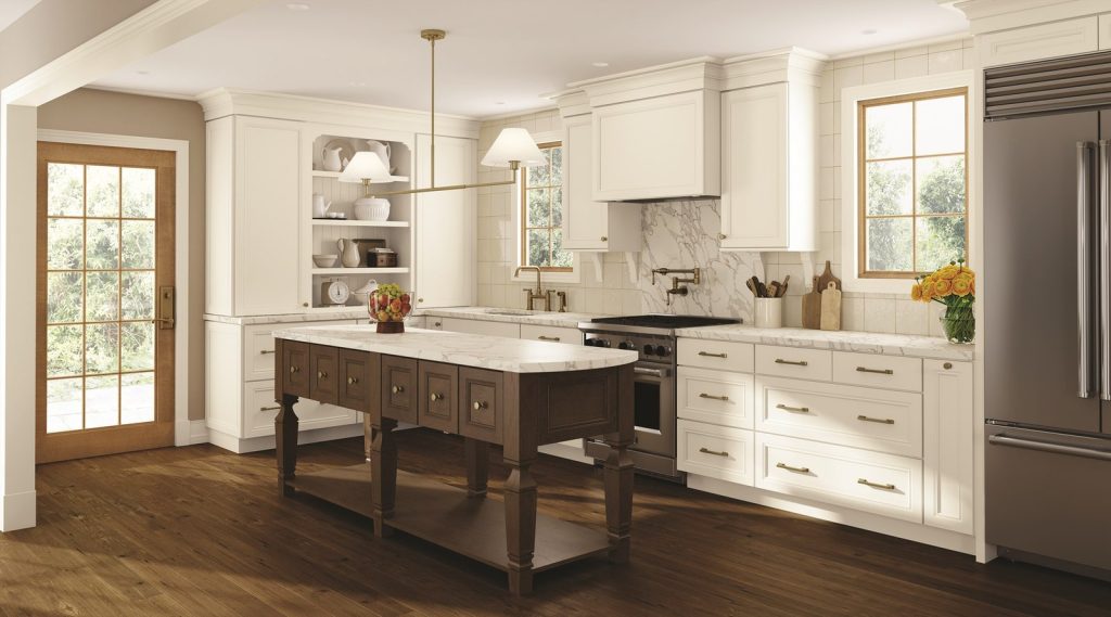 KraftMaid Jovana wood island on a dark floor