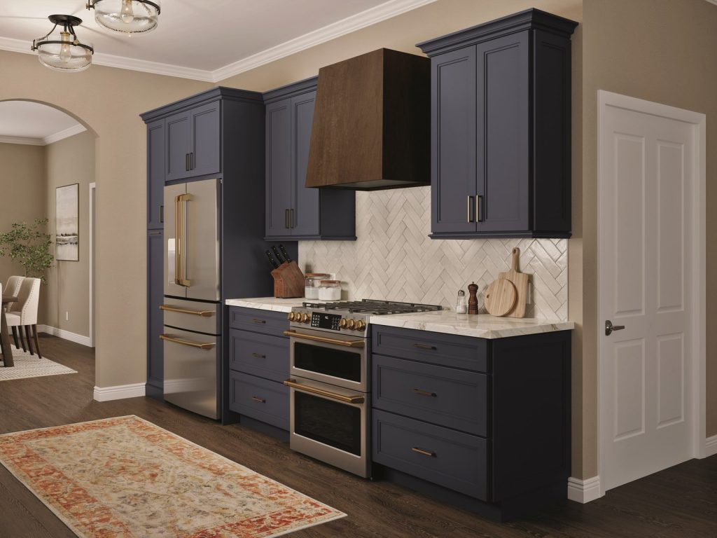 KraftMaid Taft range wall with a wood hood