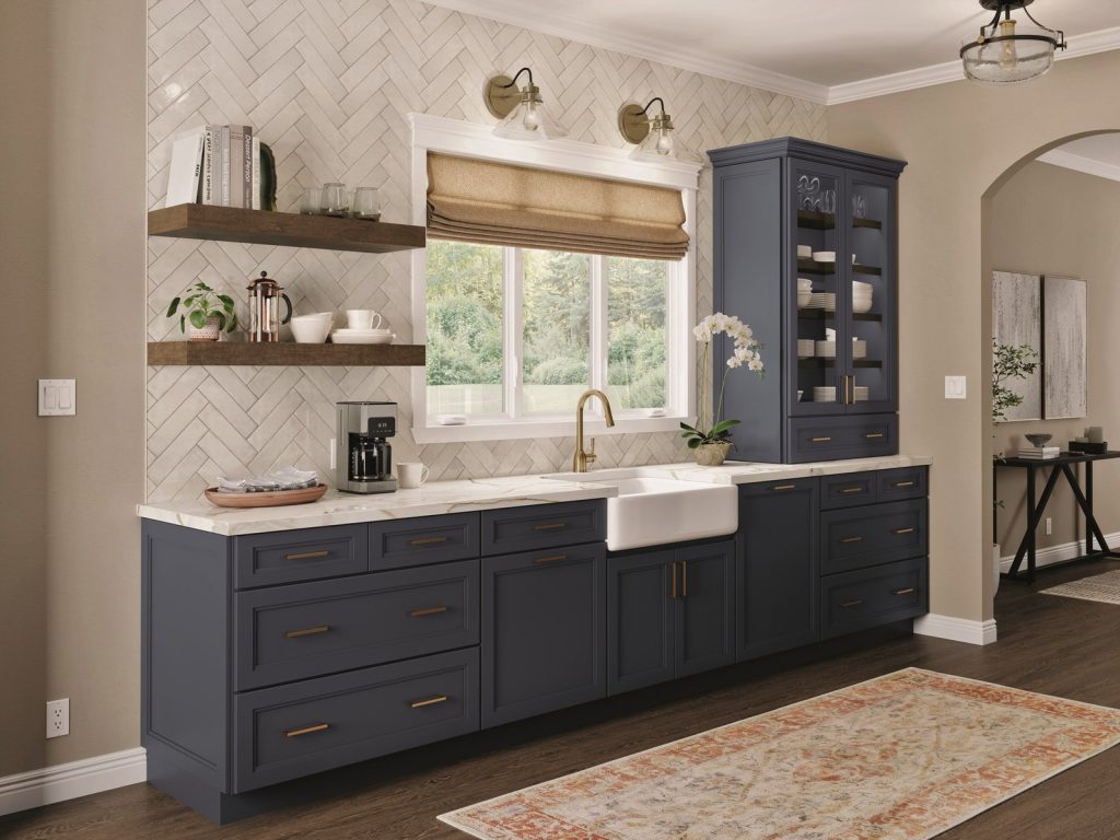 KraftMaid Taft sink wall with open shelves