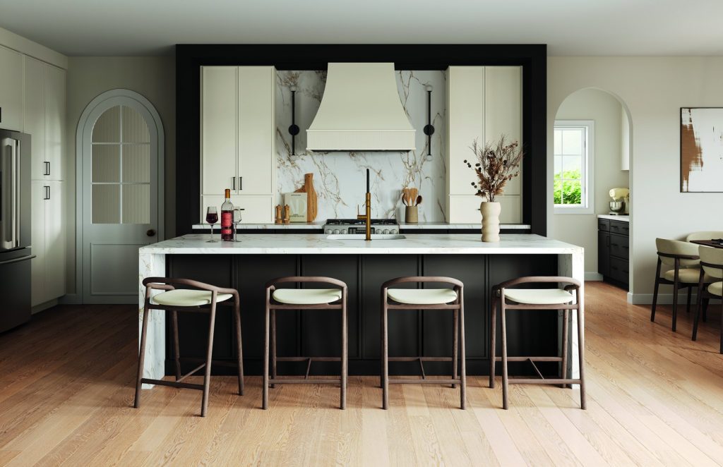 KraftMaid Vantage Dorsey kitchen with sage cabinets and a dark island